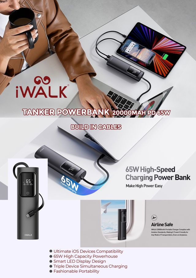 iWalk Tanker Powerbank 20000 mAh PD 65W With Build in Cables - Black