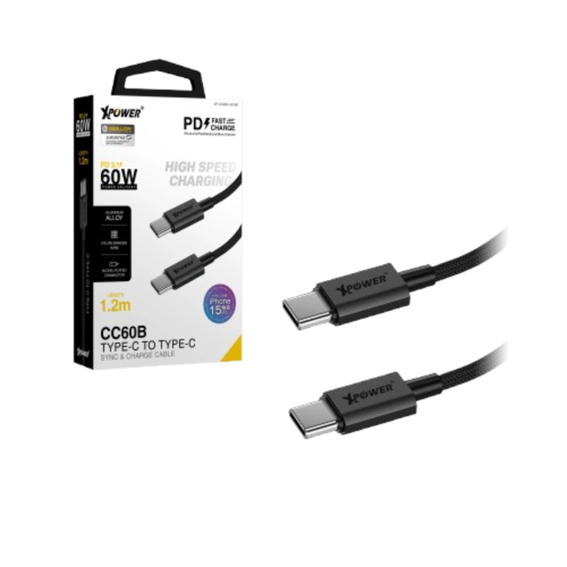 XPower CC60B Aluminium Alloy 60W Type-C ToType-C Sync & Charge Cable, 1.2m - Black