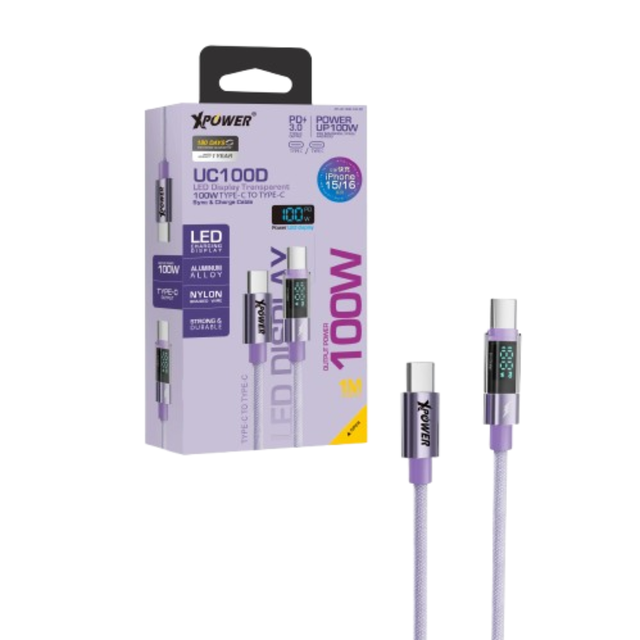 XPower UC100D LED Display 100W USB-C to USB-C Sync & Charge Cable 1M - Purple