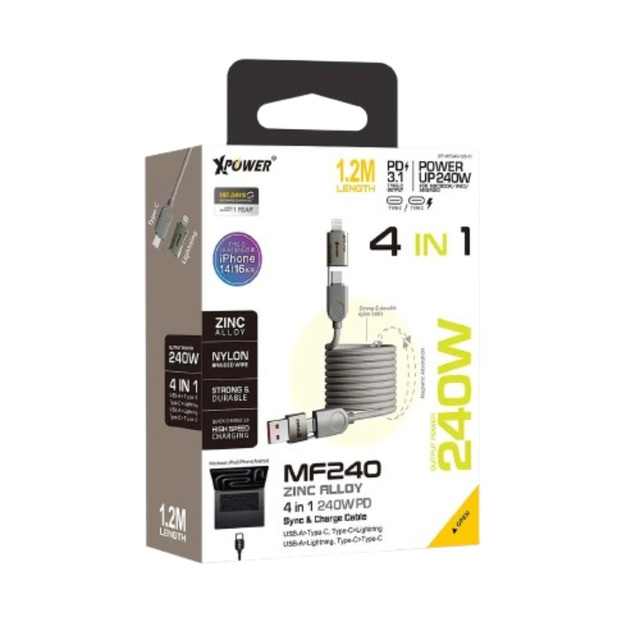 XPower MF240 1.2M Magnetic Absorption 4-in-1 Zinc Alloy 240W Charging Cable - Titanium