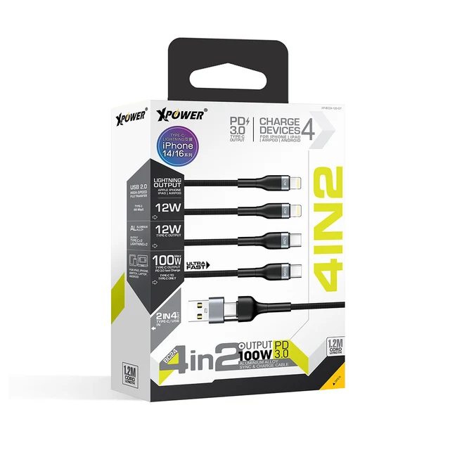 XPower BC24 8-in-1 2-out-of-4 100W Aluminum Alloy Charging Cable, 1.2m - Gray