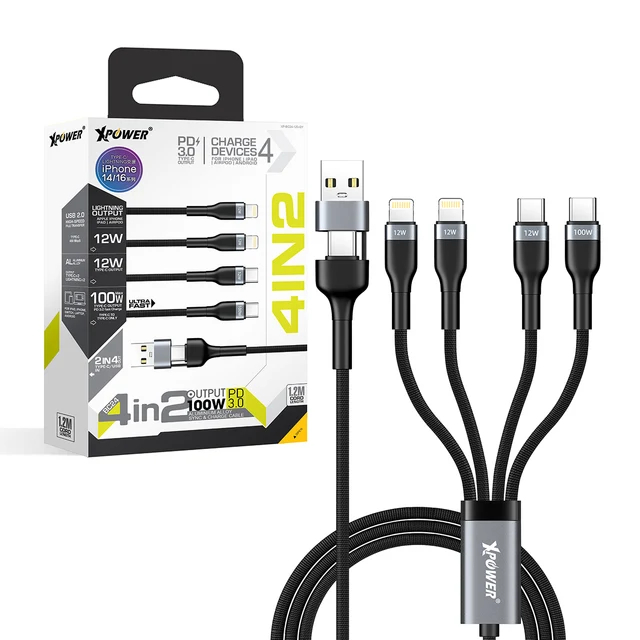 XPower BC24 8-in-1 2-out-of-4 100W Aluminum Alloy Charging Cable, 1.2m - Gray