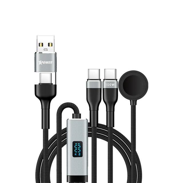 XPower Combo Watch CW1 6-in-1 Digital Display Aluminum Alloy Charging Cable, 1.2m - Black
