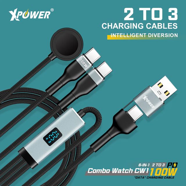XPower Combo Watch CW1 6-in-1 Digital Display Aluminum Alloy Charging Cable, 1.2m - Black