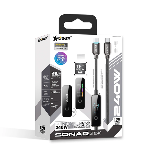 XPower SONAR SR240 Type-C to Type-C Sync & Charge Cable, 240W - Gray