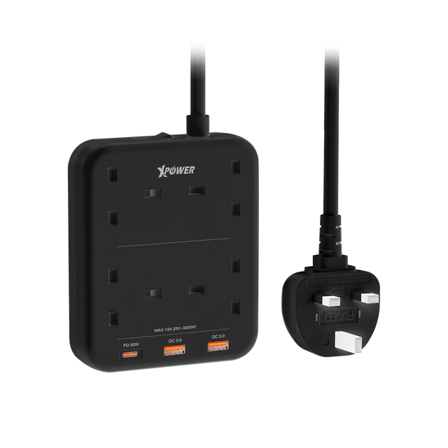XPower 3250W Power Strip 7 Output, 2 Usb + 1 Type-C + 4 Uk Sockets - Black