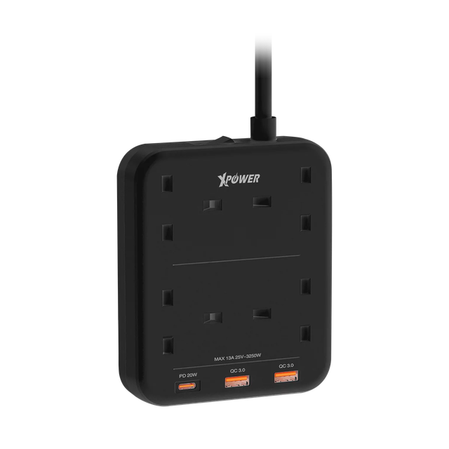 XPower 3250W Power Strip 7 Output, 2 Usb + 1 Type-C + 4 Uk Sockets - Black