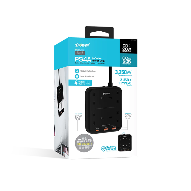 XPower 3250W Power Strip 7 Output, 2 Usb + 1 Type-C + 4 Uk Sockets - Black