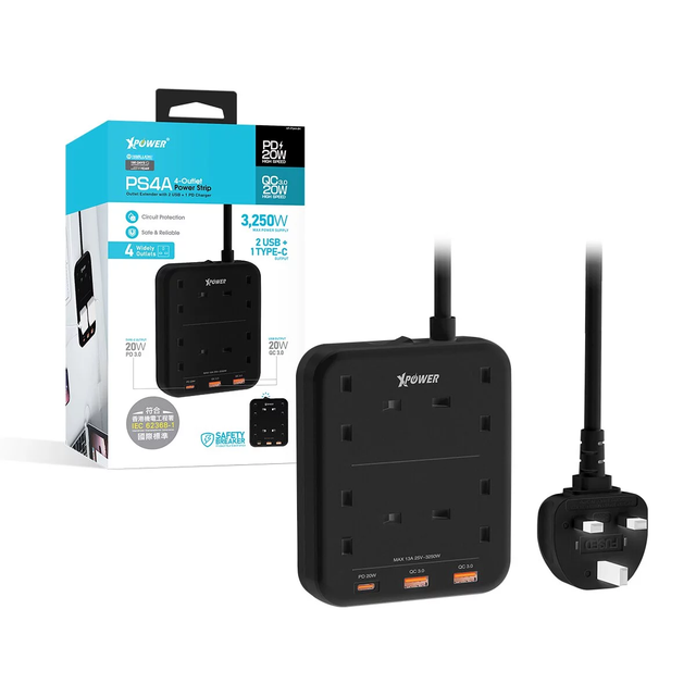 XPower 3250W Power Strip 7 Output, 2 Usb + 1 Type-C + 4 Uk Sockets - Black