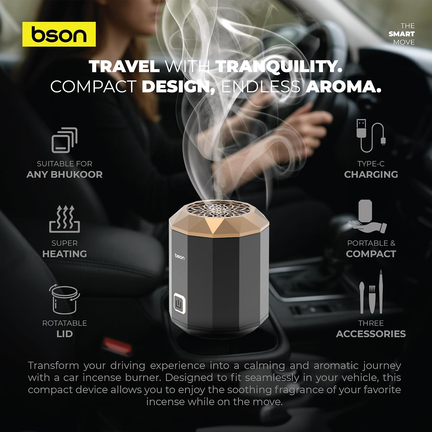 Bson Classy Bhukoor Incense Burner,15 uses per recharge, 90 Sec auto shut-off - Black