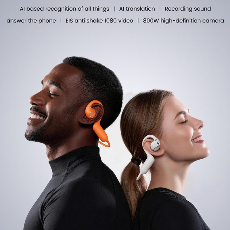E12 AI Translation Smart Camera Bone Conduction Earphones 8MP 1080P EIS Video - Black