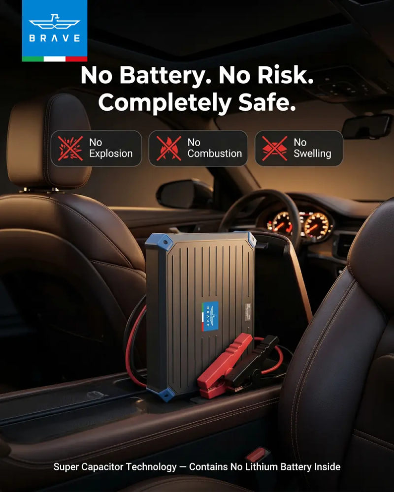 Brave Super Capacitor Jump Starter 1300A 12V – Battery-Free, Self-Charging in 3 Minutes - Grey
