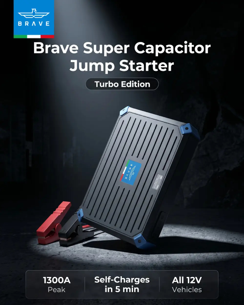 Brave Super Capacitor Jump Starter 1300A 12V – Battery-Free, Self-Charging in 3 Minutes - Grey