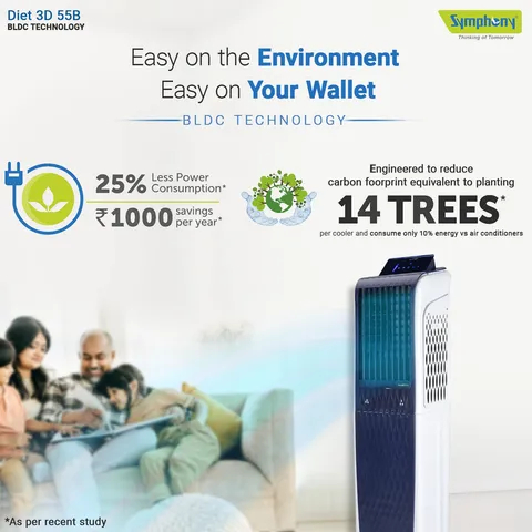 Symphony 55L Tower Air Cooler115W, Pop-up Touchscreen, DiET 3D 55B - Blue & White