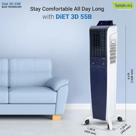 Symphony 55L Tower Air Cooler115W, Pop-up Touchscreen, DiET 3D 55B - Blue & White