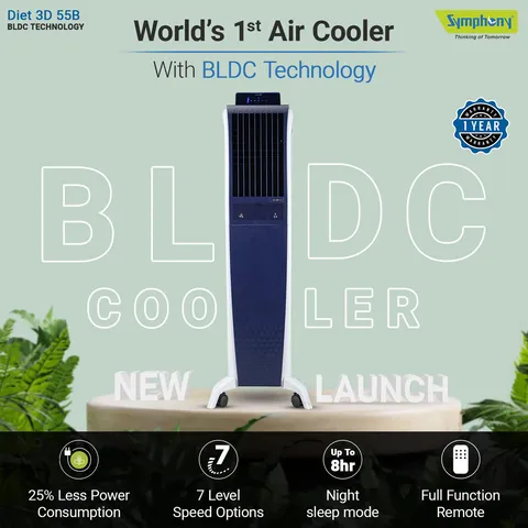 Symphony 55L Tower Air Cooler115W, Pop-up Touchscreen, DiET 3D 55B - Blue & White