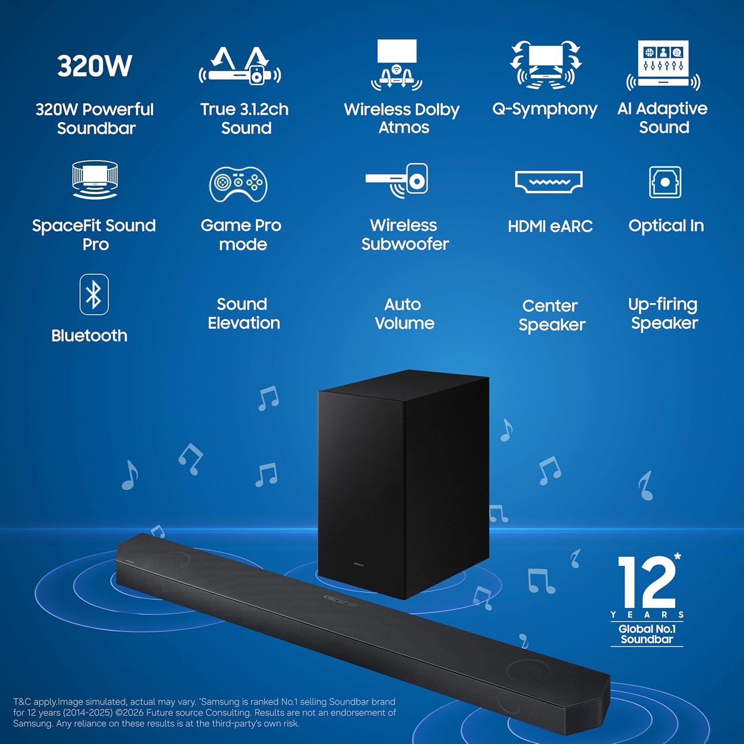 Samsung Q-Series 320W Soundbar 3.1.2ch Subwoofer, HW-Q600H - Black