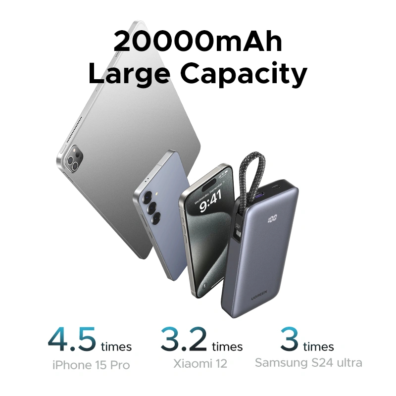 UGREEN Nexode 20000mAh Power Bank 45W Portable Charger with Built-In Cable - Grey