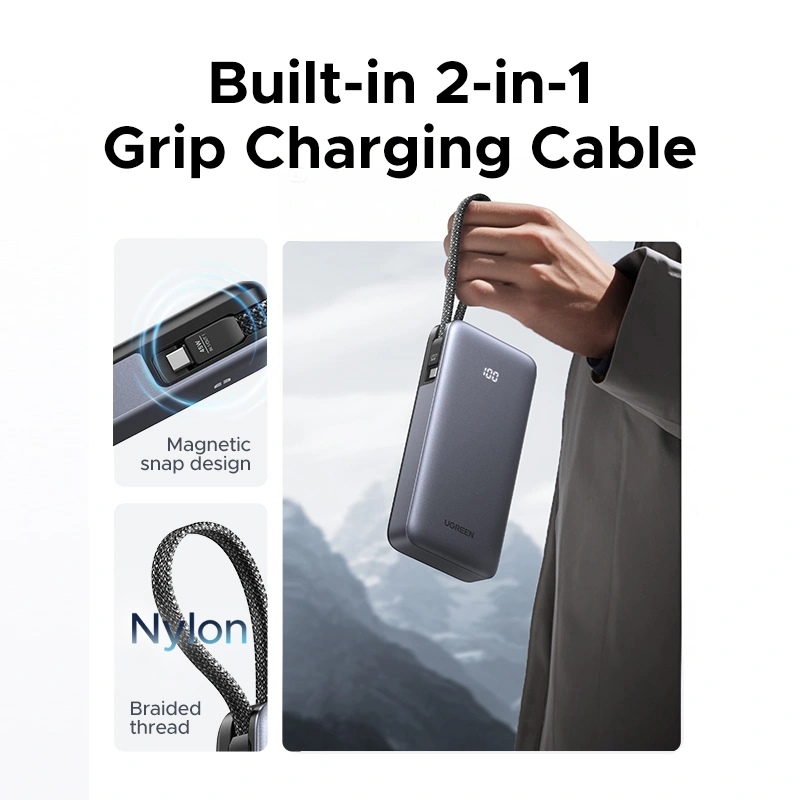 UGREEN Nexode 20000mAh Power Bank 45W Portable Charger with Built-In Cable - Grey
