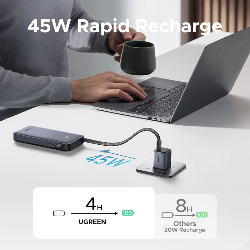UGREEN Nexode 20000mAh Power Bank 45W Portable Charger with Built-In Cable - Grey