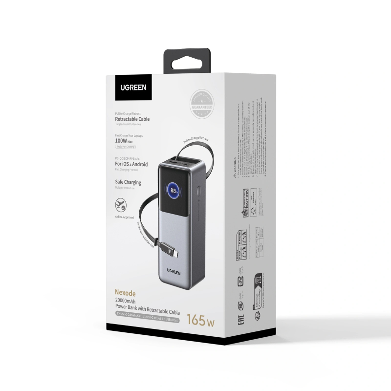 UGREEN Nexode 20000mAh 165W Power Bank for MacBook Pro 16, Built-in Cable - Grey
