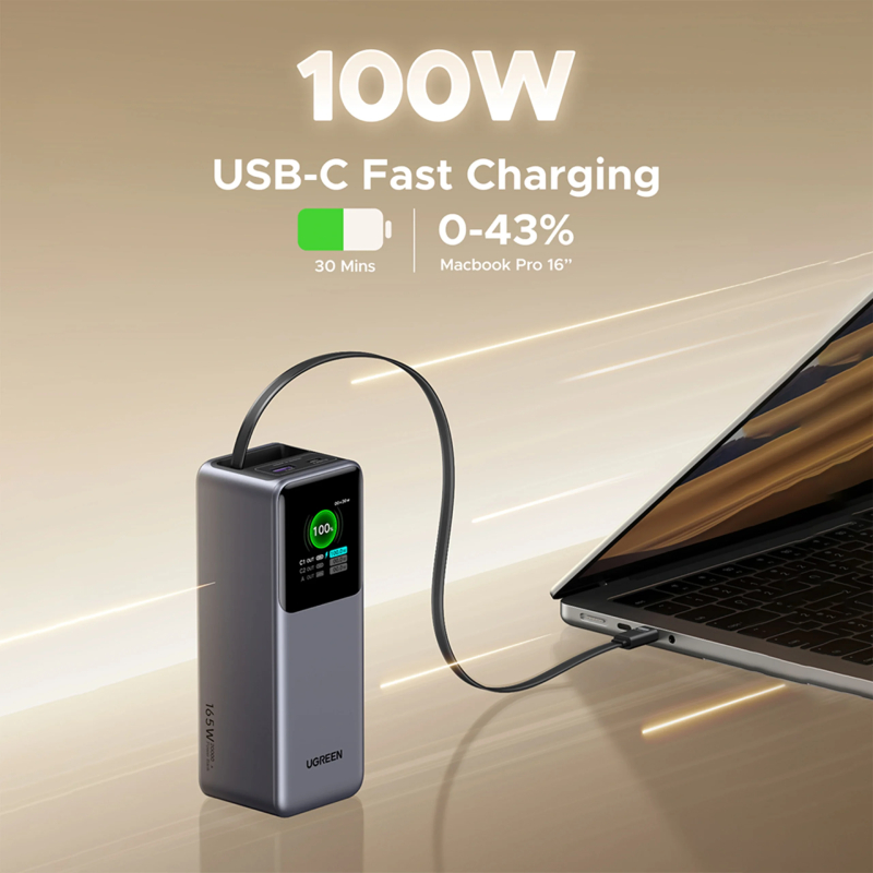 UGREEN Nexode 20000mAh 165W Power Bank for MacBook Pro 16, Built-in Cable - Grey