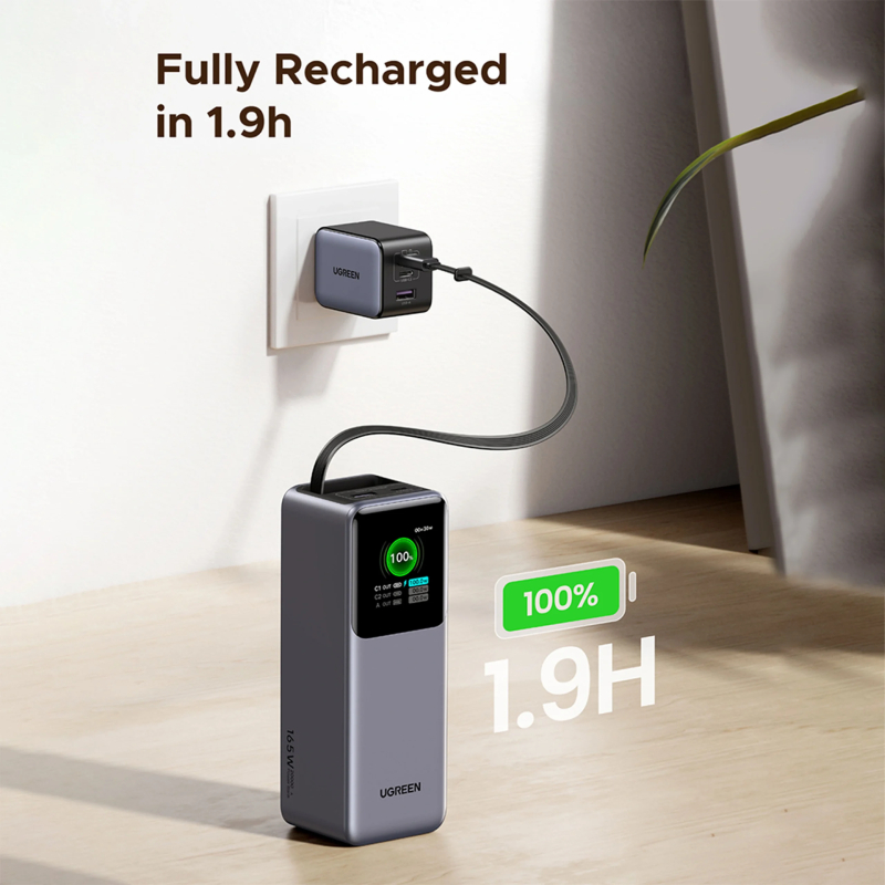 UGREEN Nexode 20000mAh 165W Power Bank for MacBook Pro 16, Built-in Cable - Grey