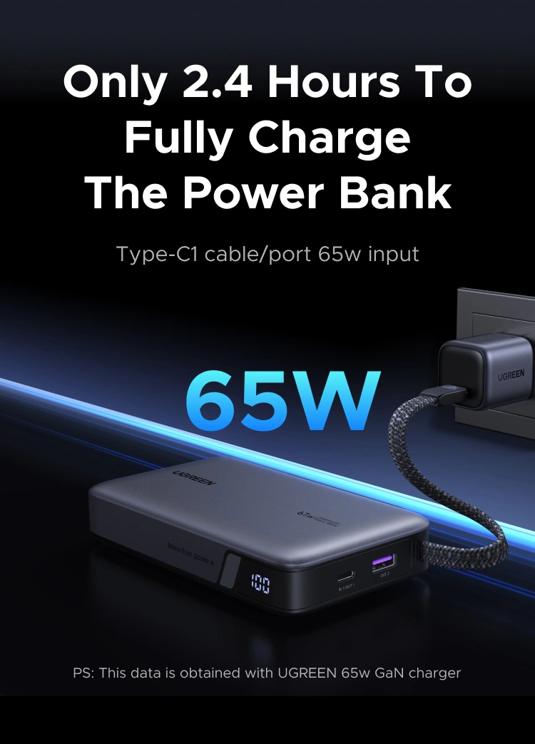 UGREEN Nexode Power Bank 20000mAh 67W with Built-in USB-C Cable - Grey