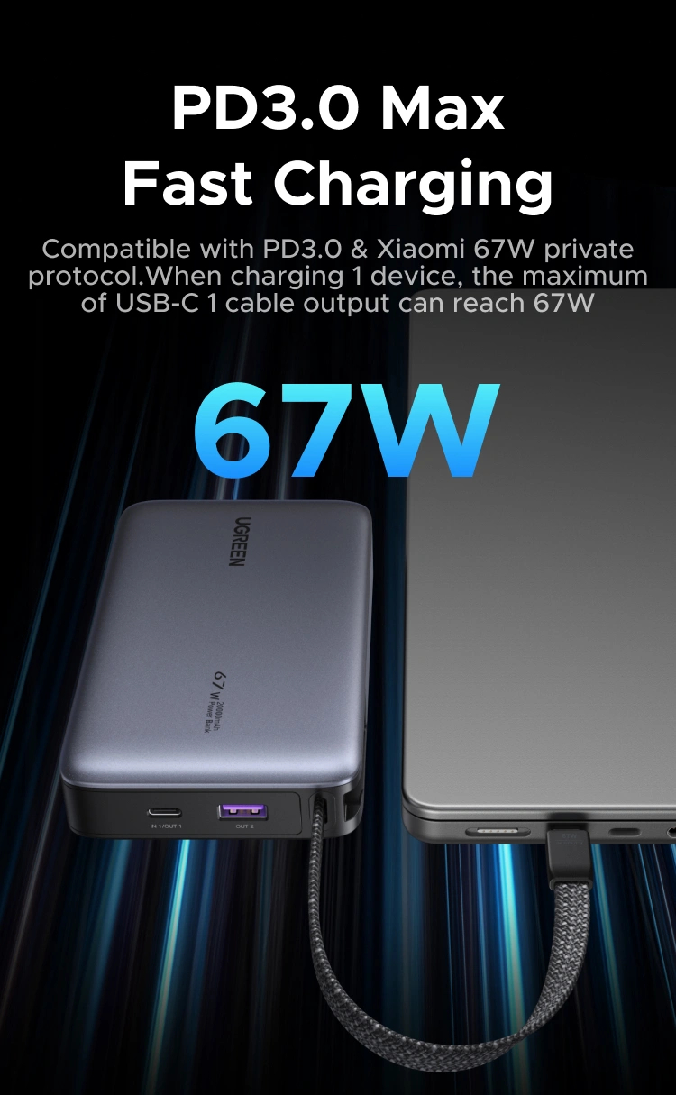 UGREEN Nexode Power Bank 20000mAh 67W with Built-in USB-C Cable - Grey