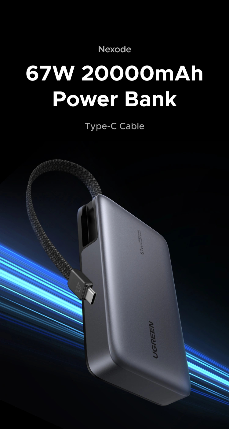 UGREEN Nexode Power Bank 20000mAh 67W with Built-in USB-C Cable - Grey