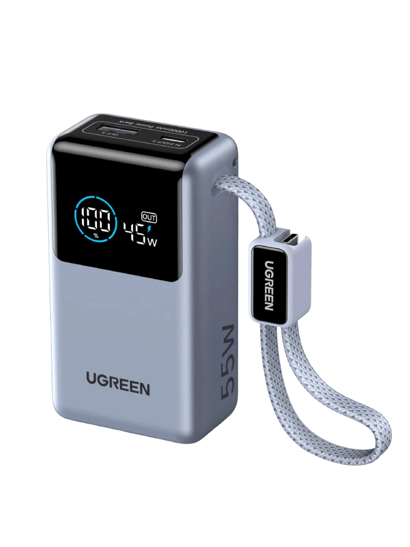 UGREEN Nexode PB727 10000mAh 55W Power Bank with Built-In USB-C Cable – Grey