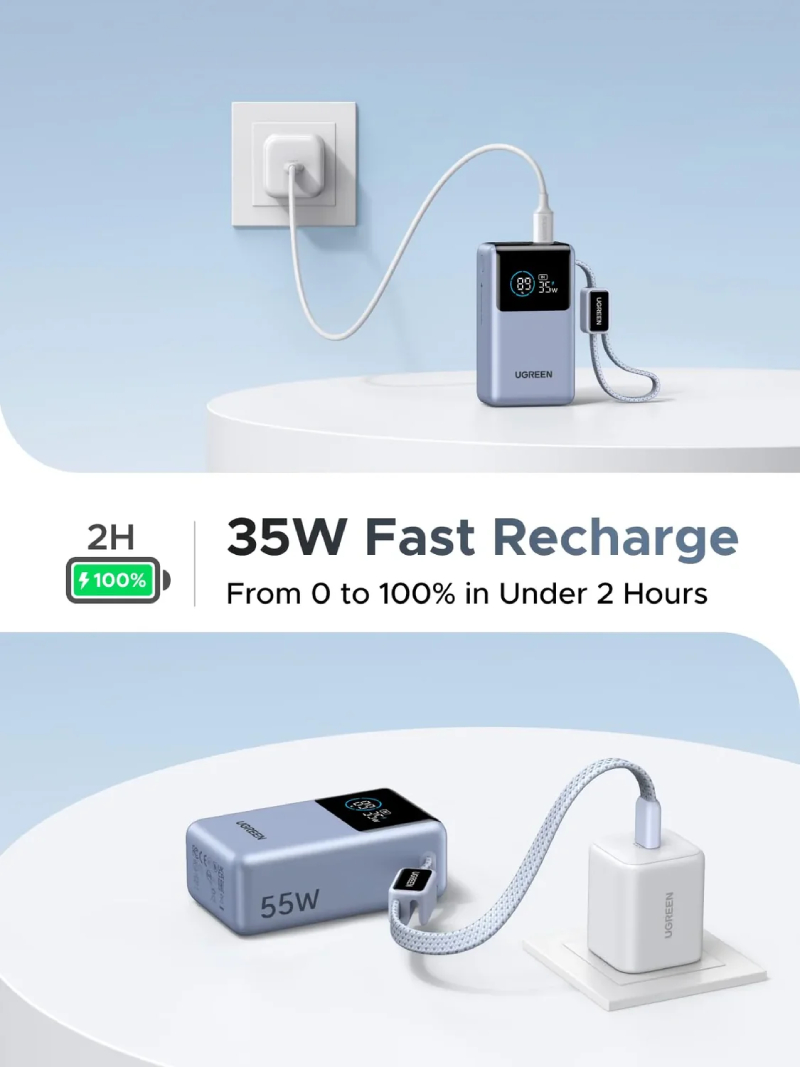UGREEN Nexode PB727 10000mAh 55W Power Bank with Built-In USB-C Cable – Grey
