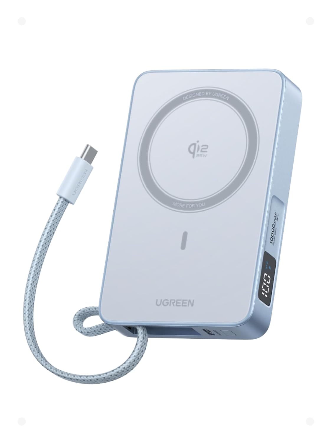 UGREEN MagFlow 10000mAh Magnetic Power Bank for MagSafe with Built-in Cable - Blue