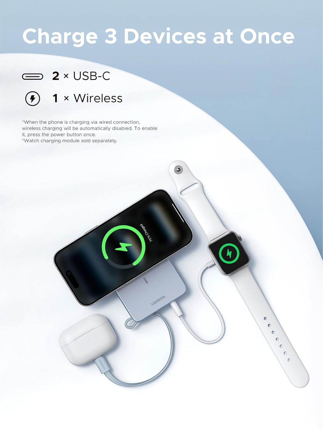 UGREEN MagFlow 10000mAh Magnetic Power Bank for MagSafe with Built-in Cable - Blue