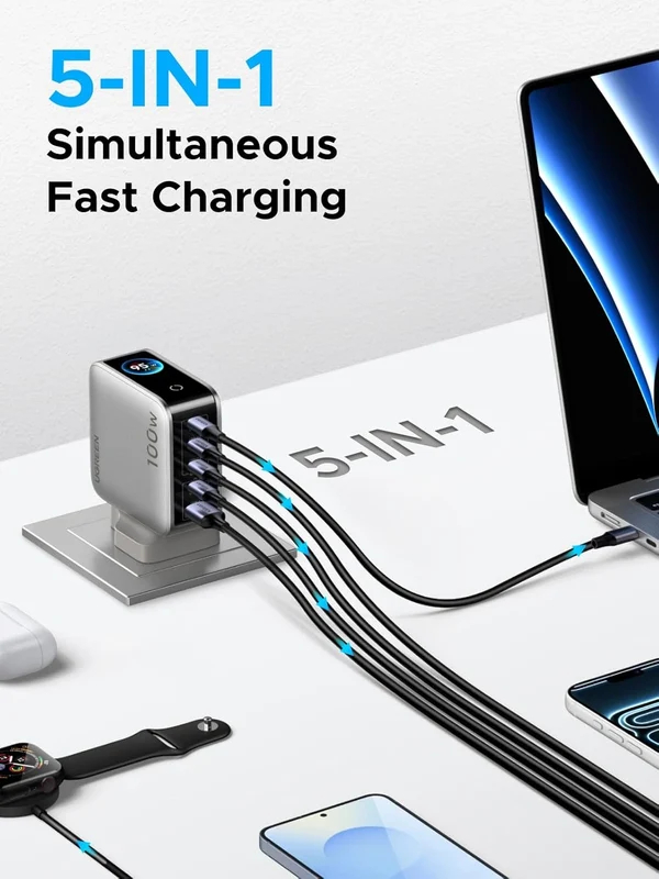 UGREEN 100W 5-Port GaN Fast Charger with Smart Display UK - Silver