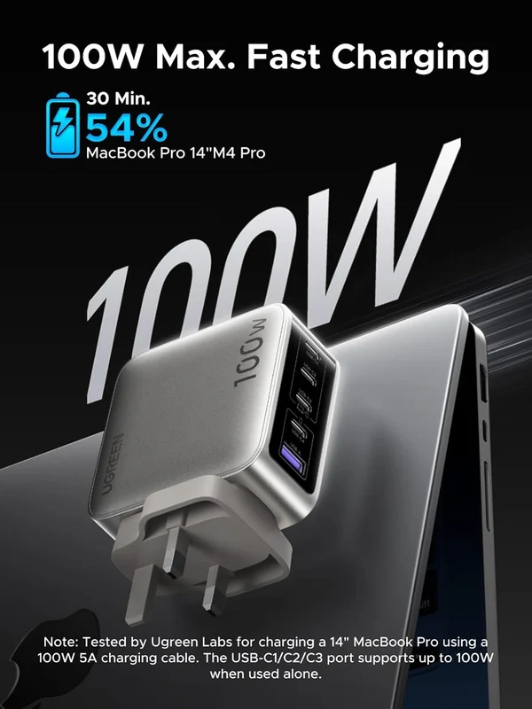 UGREEN 100W 5-Port GaN Fast Charger with Smart Display UK - Silver