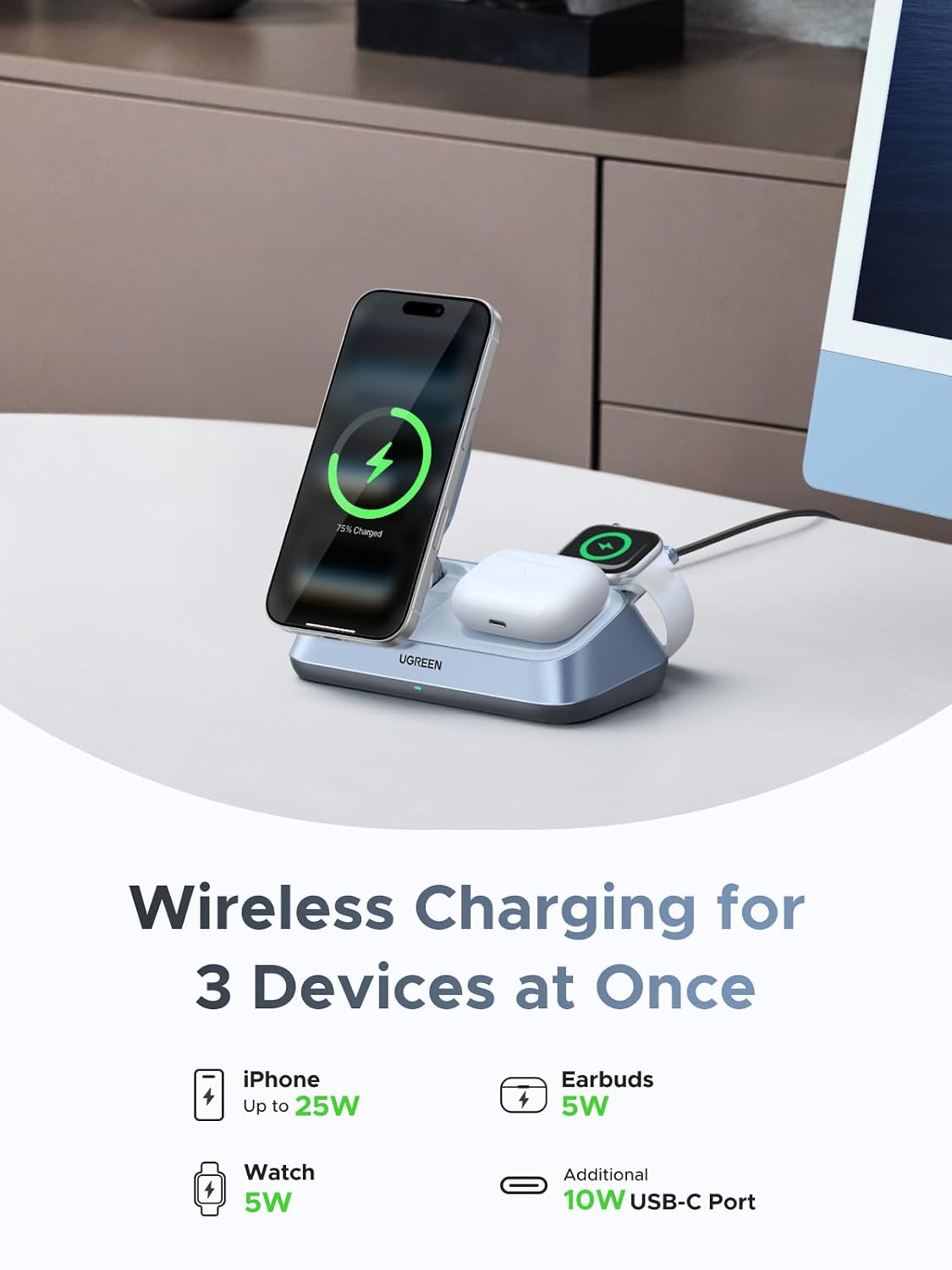 UGREEN 3-in-1 QI2 Magnetic Wireless Charger UK, 25W - Blue