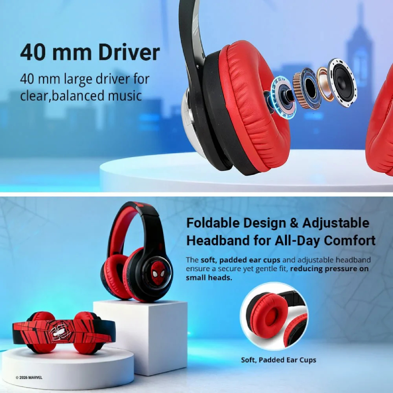 Marvel Spider-Man Kids 3D Bluetooth Wireless Headphones - Black & Red