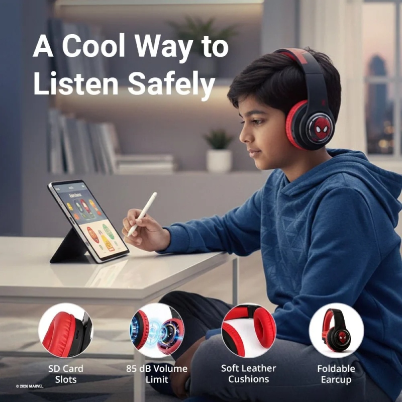 Marvel Spider-Man Kids 3D Bluetooth Wireless Headphones - Black & Red