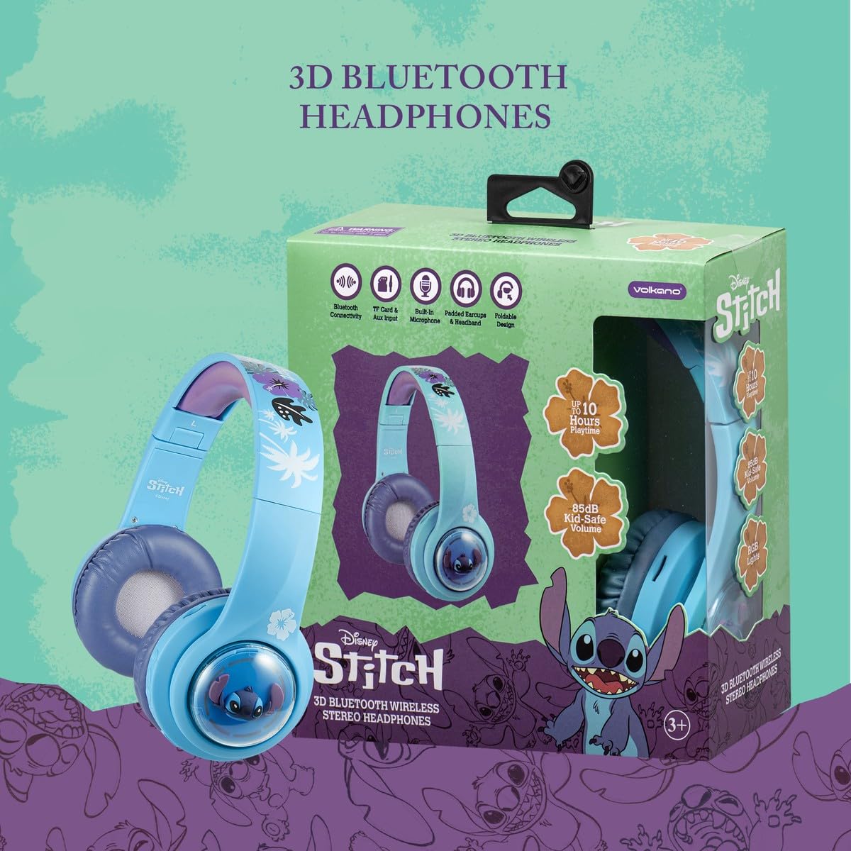 Disney Stitch 3D Bluetooth Wireless Stereo Headphone - Blue & Purple