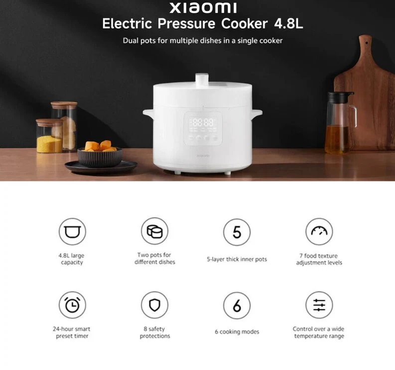 Xiaomi Electric Pressure Cooker 4.8L UK, 6 Cooking Modes - White