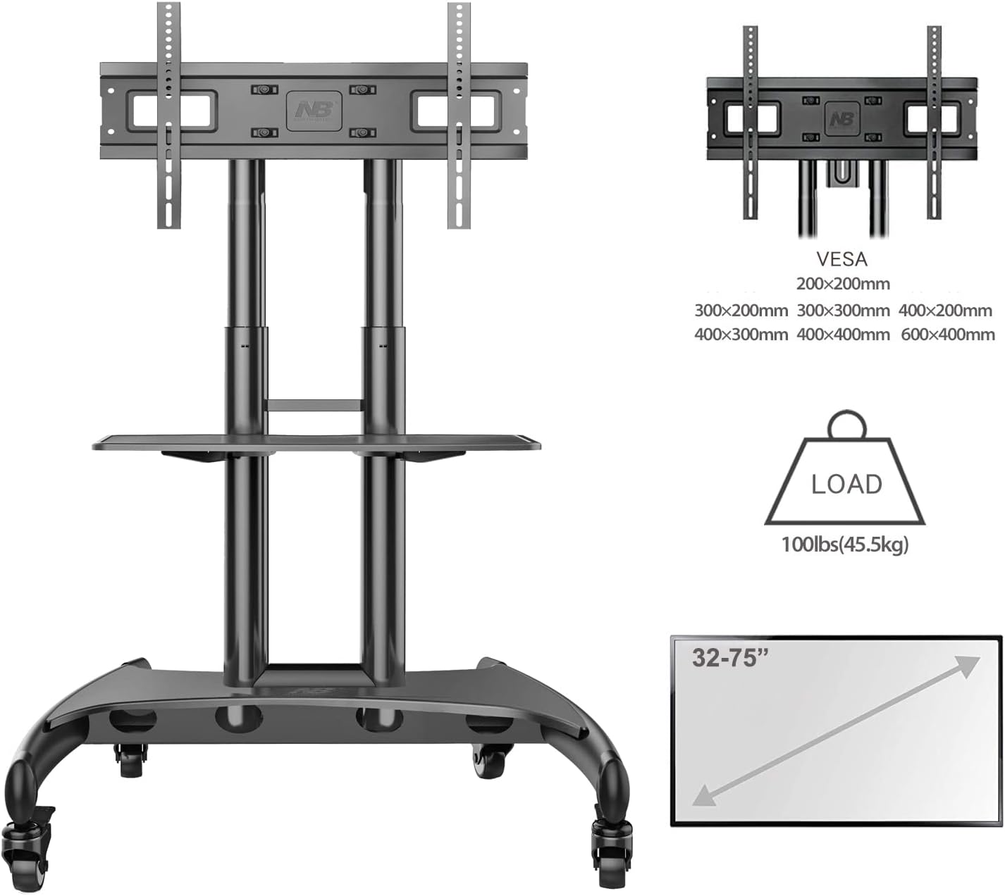 North Bayou TV Cart Stand with Wheels for 32″-75″ TV’s - Graphite