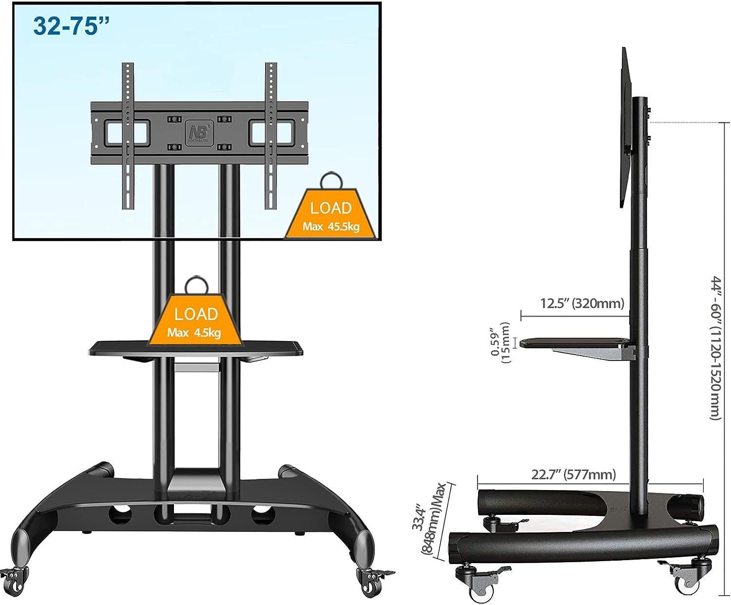 North Bayou TV Cart Stand with Wheels for 32″-75″ TV’s - Graphite