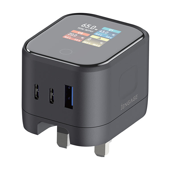 iENGAGE 65W Foldable UK Plug TFT Power Adapter (2C1A) - Black