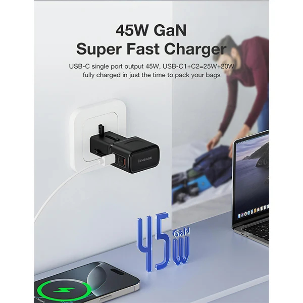 iEngage 45W Dual USB-C Port Mini Universal GaN Power Adapter - Black