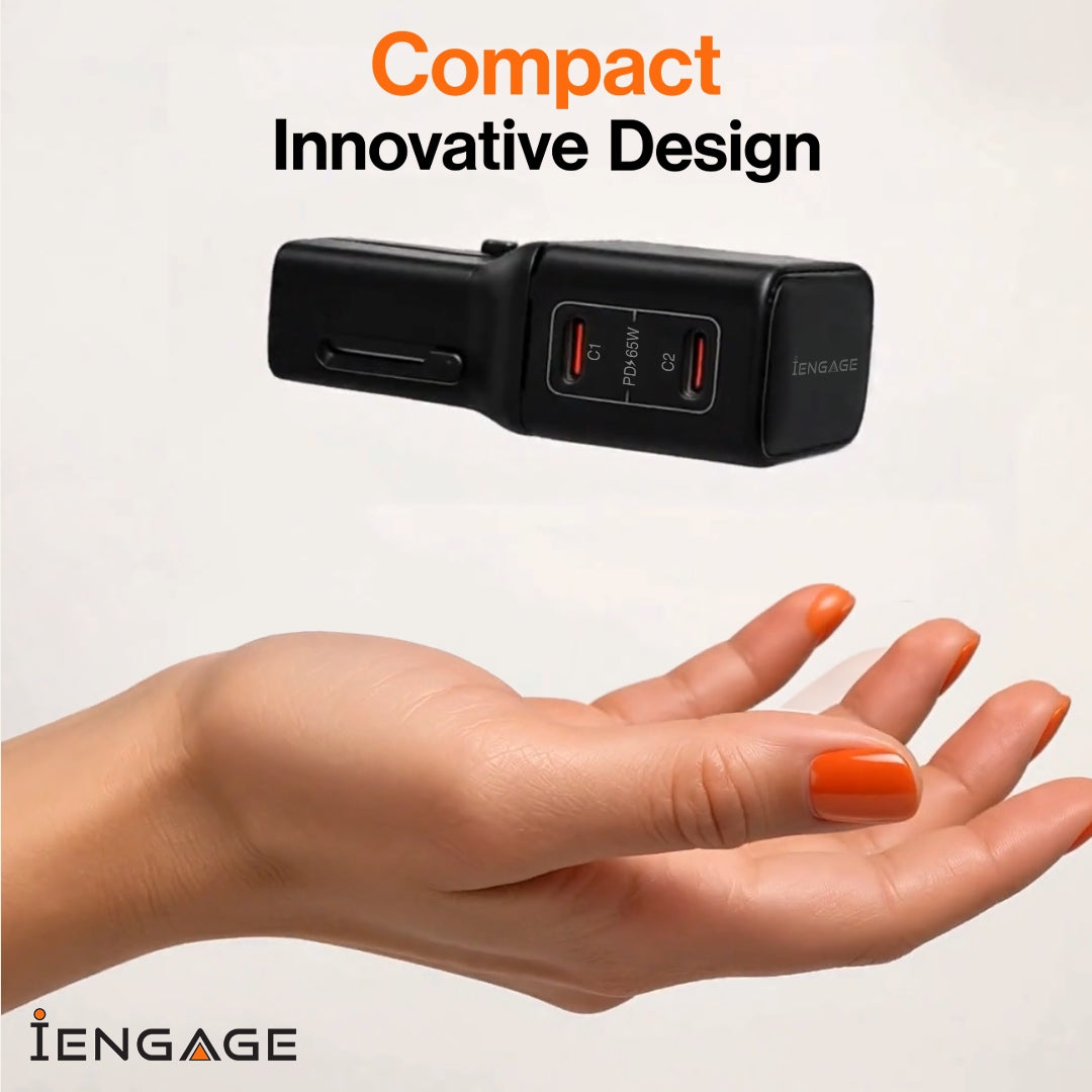 iEngage 65W Dual USB-C Port Mini Universal GaN Power Adapter - Black