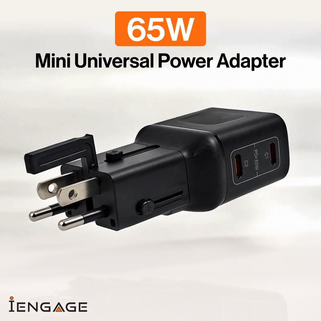 iEngage 65W Dual USB-C Port Mini Universal GaN Power Adapter - Black