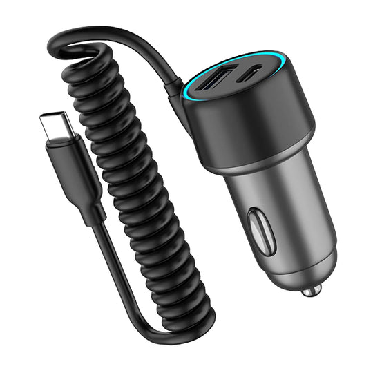 iEngage 3-In-1 55W Coiled USB-C Cable Car Charger(USB-C/USB-A/USB-C Cable) - Black