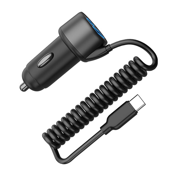 iEngage 3-In-1 55W Coiled USB-C Cable Car Charger(USB-C/USB-A/USB-C Cable) - Black