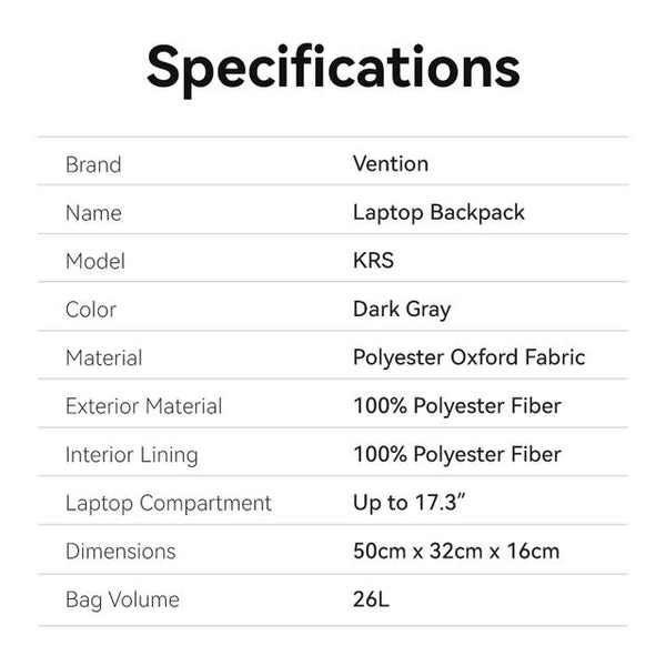 Vention 17.3 Inch Water-Repellent Laptop Backpack - Dark Gray